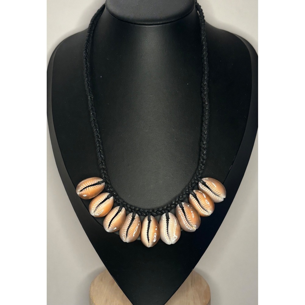 Vintage Cowrie Shell Braided Cord Necklace 20 Inch Boho Coastal Beach Jewelry